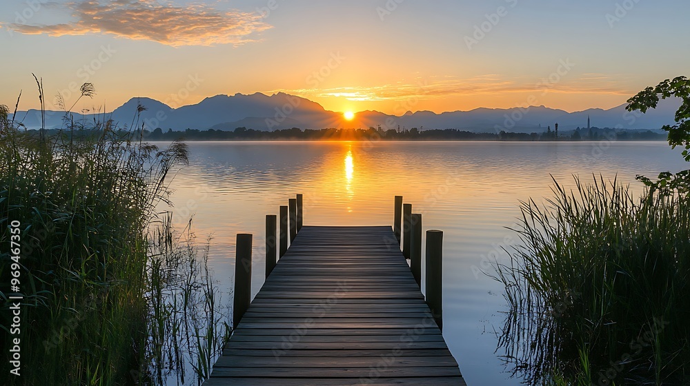 Naklejka premium Peaceful Sunrise Over a Lake with a Wooden Dock