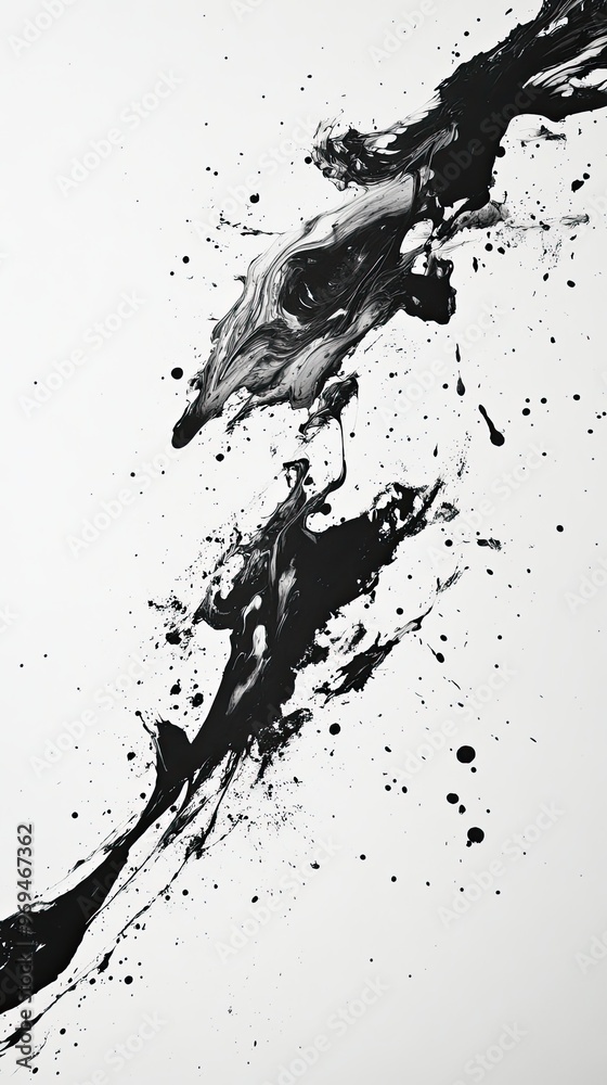 White backdrop with bold, ink-like abstract forms White backdrop with bold, ink-like abstract forms