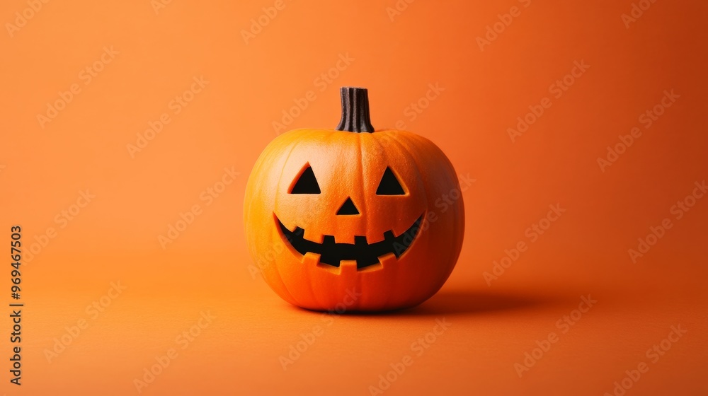 Halloween pumpkin image in the center of an orange background.