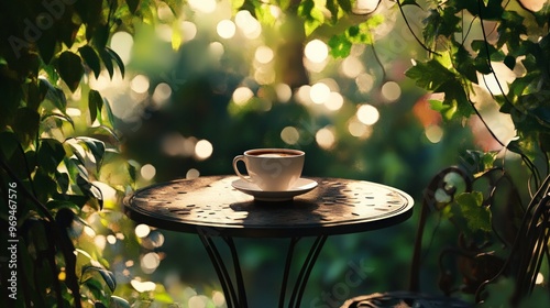 serene outdoor cafa scene with a cup of coffee on a small table, surrounded by greenery and dappled sunlight filtering through the trees. photo