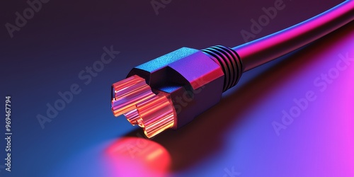 Close-up of an ethernet cable with an RJ-45 connector on a purple and blue gradient background.