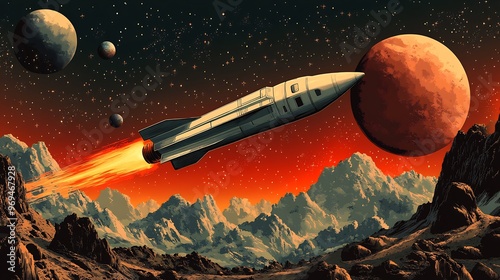 Vector design of a retrostyle space exploration poster featuring a sleek rocket ship flying toward distant planets evoking a sense of adventure and discovery photo