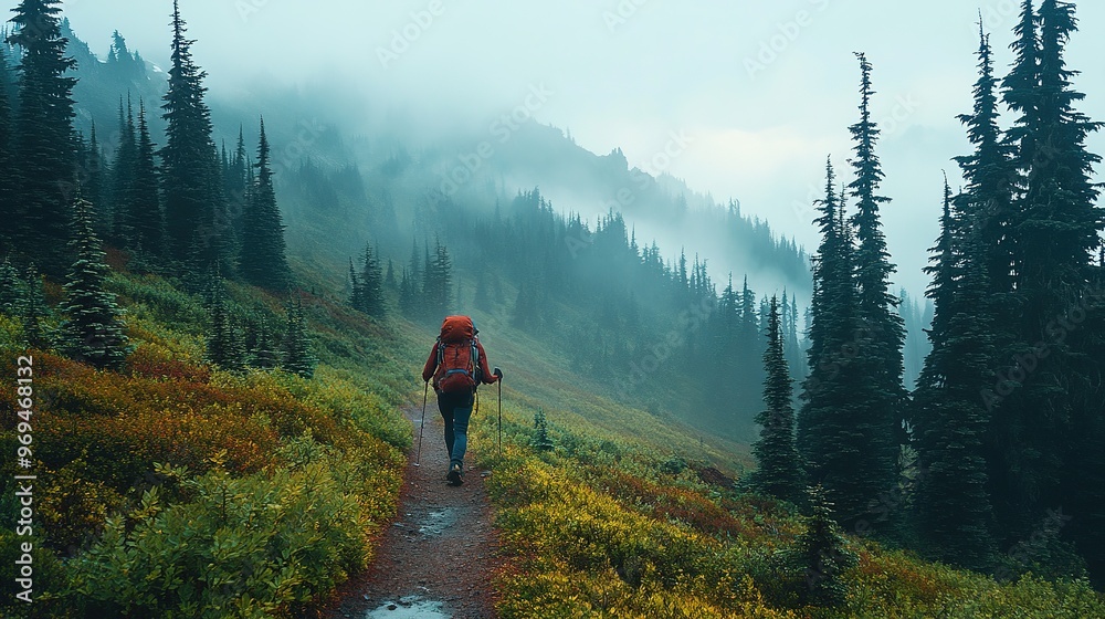 Fototapeta premium A lone backpacker trekking through a misty mountain trail surrounded by tall trees