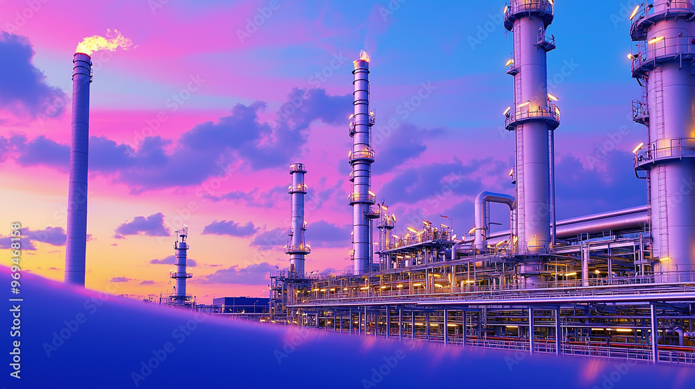 Fototapeta premium a large fuel refinery at sunset, with towering chimneys and intricate piping