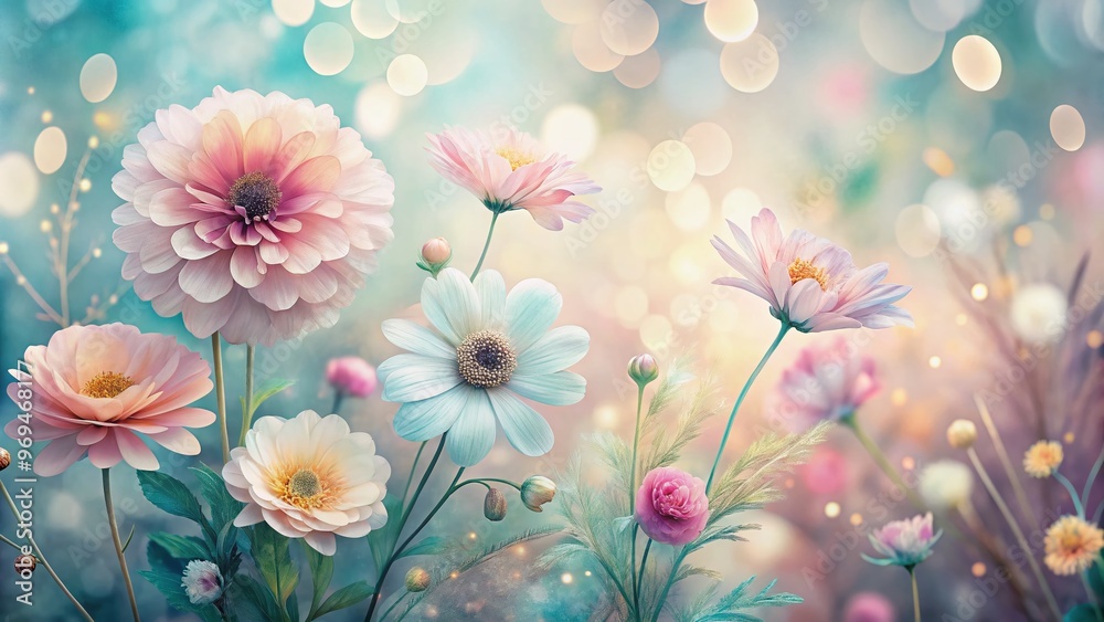 Delicate, hand-drawn flowers in soft pastel hues blurred into a dreamy bokeh effect, surrounded by subtle watercolor Delicate, hand-drawn flowers in soft pastel hues blurred into a dreamy bokeh effect, surrounded by subtle watercolor