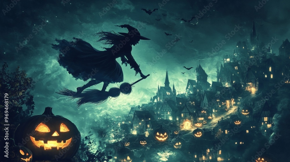 Fototapeta premium Image of a witch riding a broomstick in the night sky below is a town with pumpkins on Halloween.