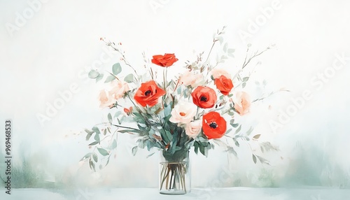 Elegant watercolor painting of red and white flowers in glass vase. Stunning floral art perfect for home decor and creative projects.