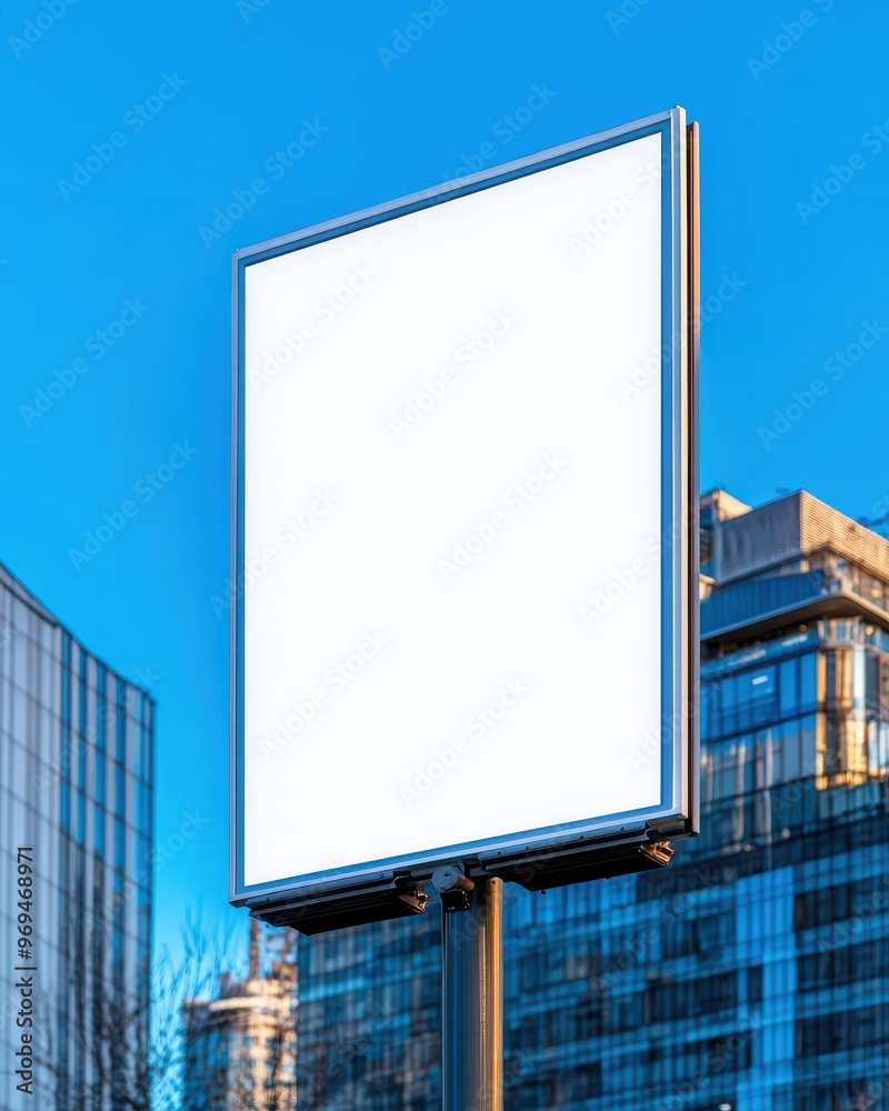 A blank billboard stands tall against a clear blue sky, surrounded by modern buildings, ready for creative advertising. A blank billboard stands tall against a clear blue sky, surrounded by modern buildings, ready for creative advertising.