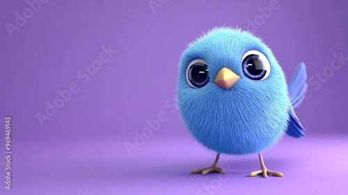 Adorable 3D Cartoon Blue Bird Walking on Purple Background - Cute Blender Rendered Character in High Resolution