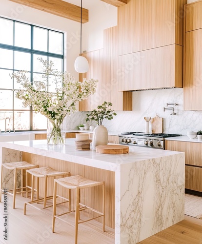 Modern kitchen featuring white marble island with wood cabinets and spring flowers