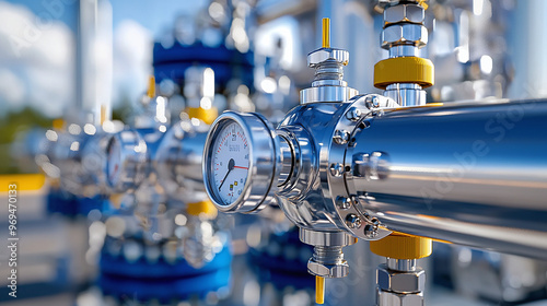 close-up of refinery equipment with detailed valves and pressure gauges