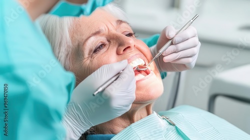 Elderly woman receiving a dental checkup as part of a public health program, elderly dental care, preventive oral health photo