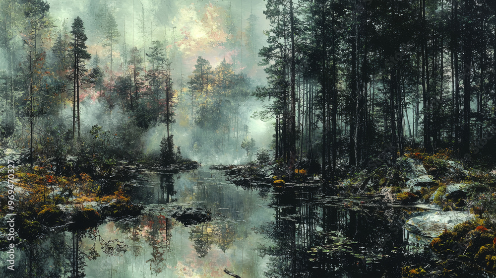 Naklejka premium Misty forest scene with a still river