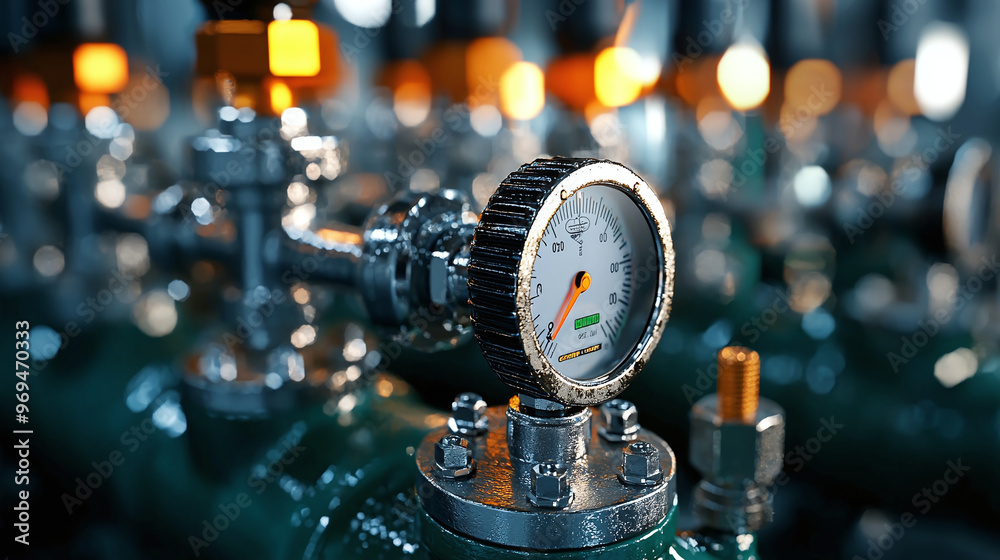 close-up of refinery equipment with detailed valves and pressure gauges