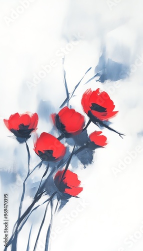 Watercolor painting of delicate red flowers on thin stems, set against a soft, dreamy white and blue background.