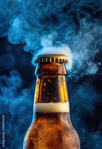 Close-up of a beer bottle with smoke coming out from the neck, against a blue background.beer bottle, close-up, smoke from neck, blue background, beer photography, beer with smoke, frosty beer, bevera photo