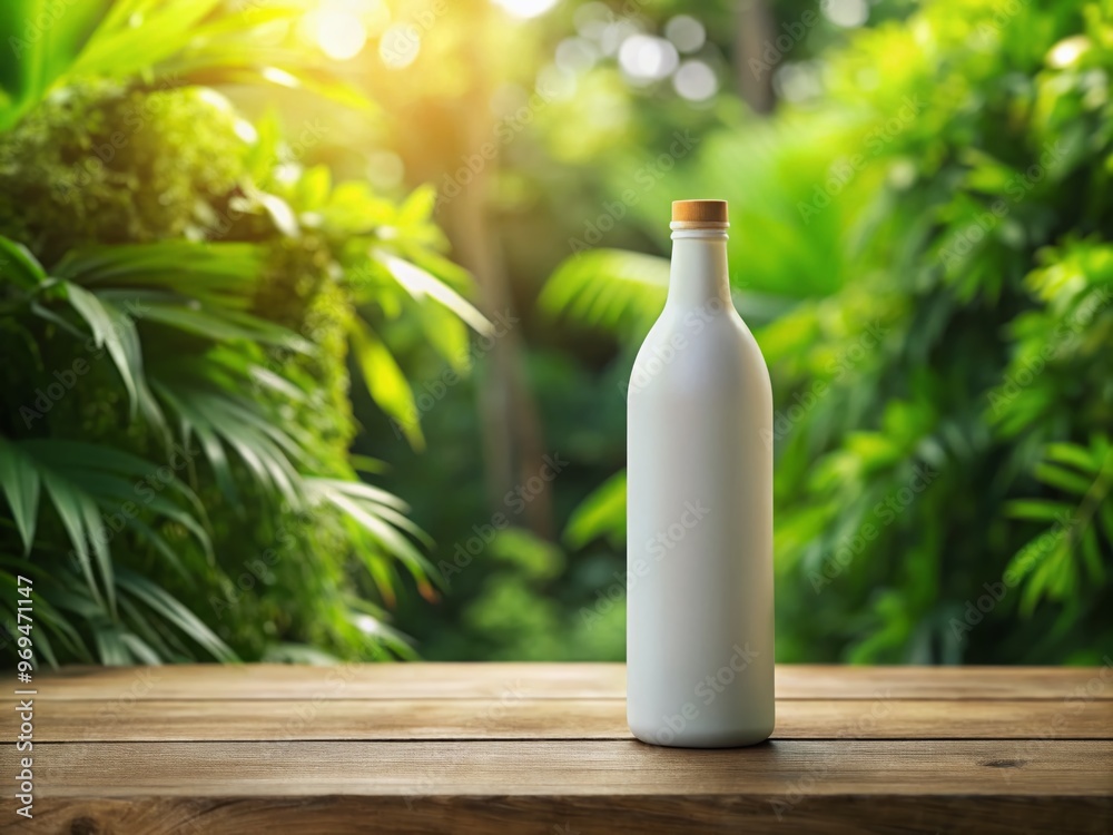 Elegant white bottle with a sleek design standing on a rustic wooden table, surrounded by lush greenery and Elegant white bottle with a sleek design standing on a rustic wooden table, surrounded by lush greenery and