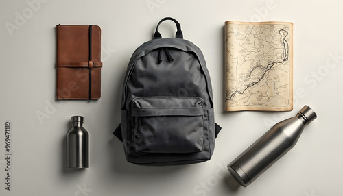 Wallpaper Mural A stylish black backpack surrounded by a leather notebook, map, and stainless steel water bottles, perfect for adventurers and travelers. Torontodigital.ca