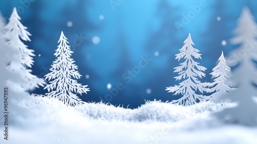 Christmas and New Year paper cutting card: winter Christmas landscape in white and blue tones