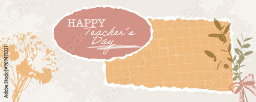 The image features a vintage inspired teacher's Day text with floral elements and a subtle grunge texture, creating a rustic, elegant design. Vector illustration