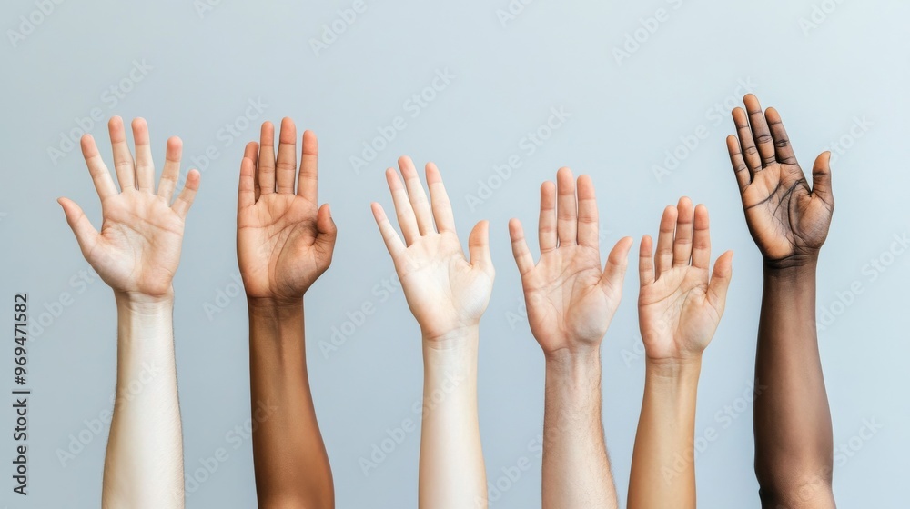 Diverse Hands Raised in Unity Showing a Variety of Skin Tones Diverse Hands Raised in Unity Showing a Variety of Skin Tones