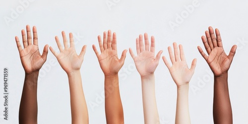Diverse Hands Raised in Unity Showing a Variety of Skin Tones