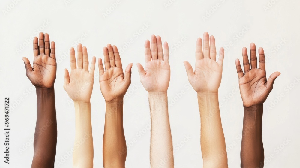 Diverse Hands Raised in Unity Showing a Variety of Skin Tones Diverse Hands Raised in Unity Showing a Variety of Skin Tones