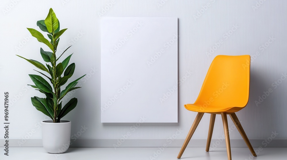 A minimalist interior featuring a bright yellow chair beside a potted plant and a blank canvas on a white wall. A minimalist interior featuring a bright yellow chair beside a potted plant and a blank canvas on a white wall.
