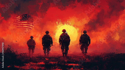 Four soldiers walk into a fiery sunset, a flag waving behind them.