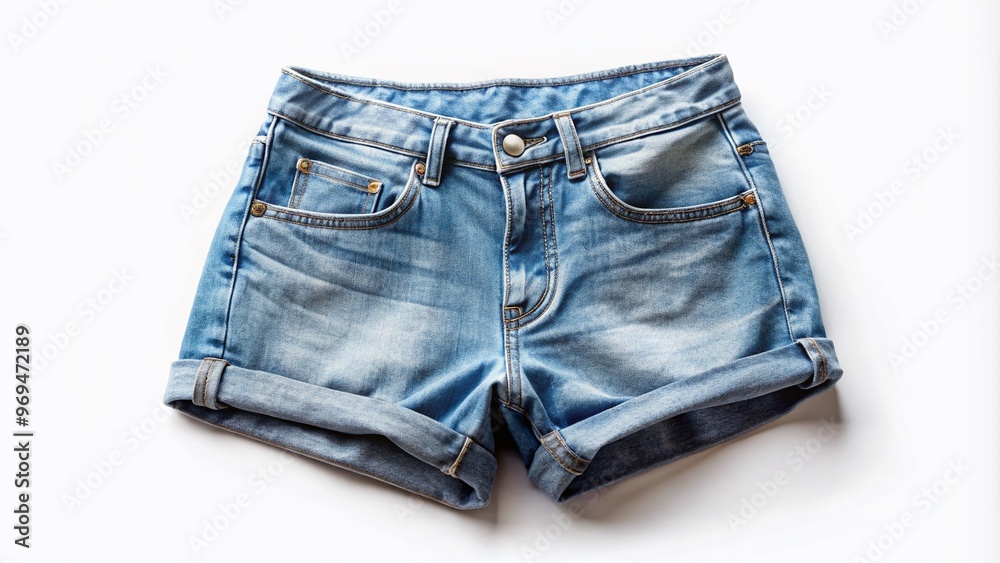 Folded denim shorts with empty pocket on a white studio background, ready for your design or product mockup, Folded denim shorts with empty pocket on a white studio background, ready for your design or product mockup,
