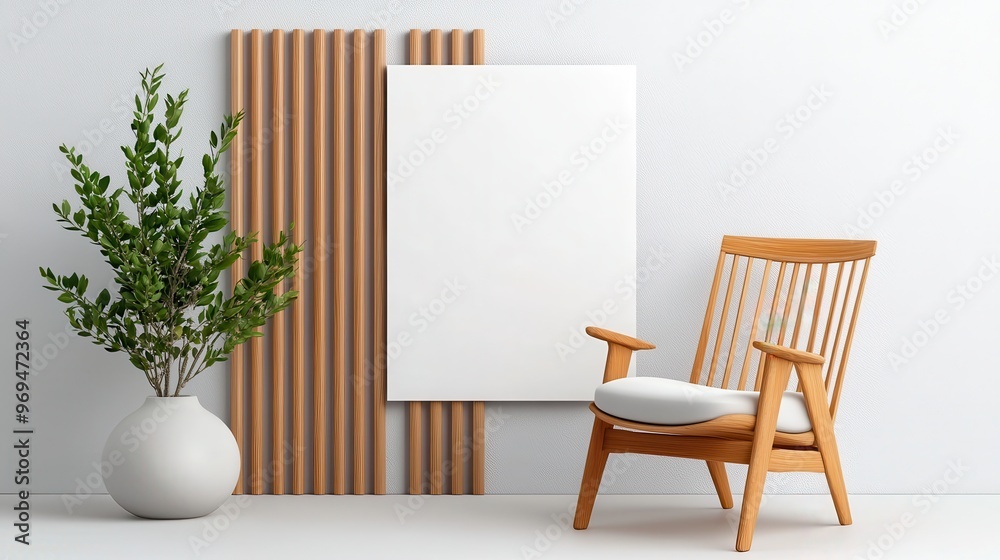 A minimalist interior scene featuring a wooden chair, blank canvas, and a plant, perfect for modern design inspirations. A minimalist interior scene featuring a wooden chair, blank canvas, and a plant, perfect for modern design inspirations.