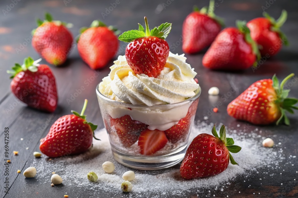 Fresh strawberries sit atop a frosted glass filled with creamy whipped topping, garnished with a sprinkle of sugar Fresh strawberries sit atop a frosted glass filled with creamy whipped topping, garnished with a sprinkle of sugar