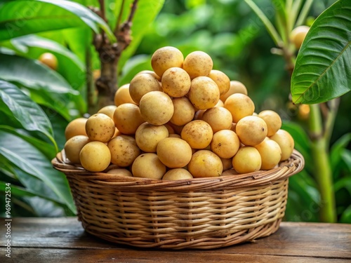 Freshly harvested langsat fruits, also known as lanzones, are arranged in a wicker basket, showcasing their yellow skin photo