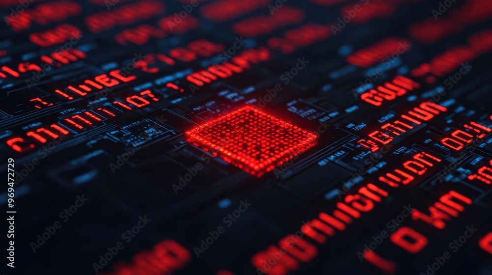Forensic software scanning through a breached database, red warning symbols, cyber forensics, data breach Forensic software scanning through a breached database, red warning symbols, cyber forensics, data breach
