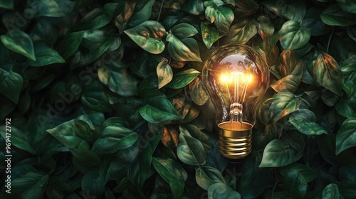 Light bulb glowing warmly amid fresh green foliage, representing the fusion of technological innovation and naturea tranquility, photo