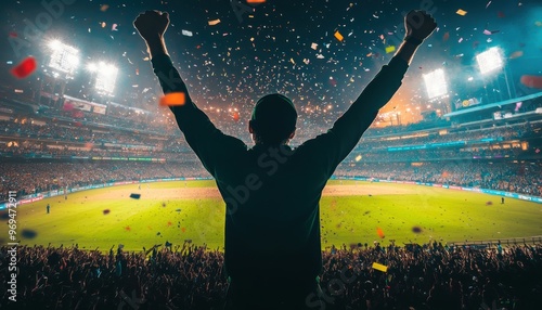 Fan from Behind in the Stands Celebrating with Arms Raised and Confetti at a Cricket Match
