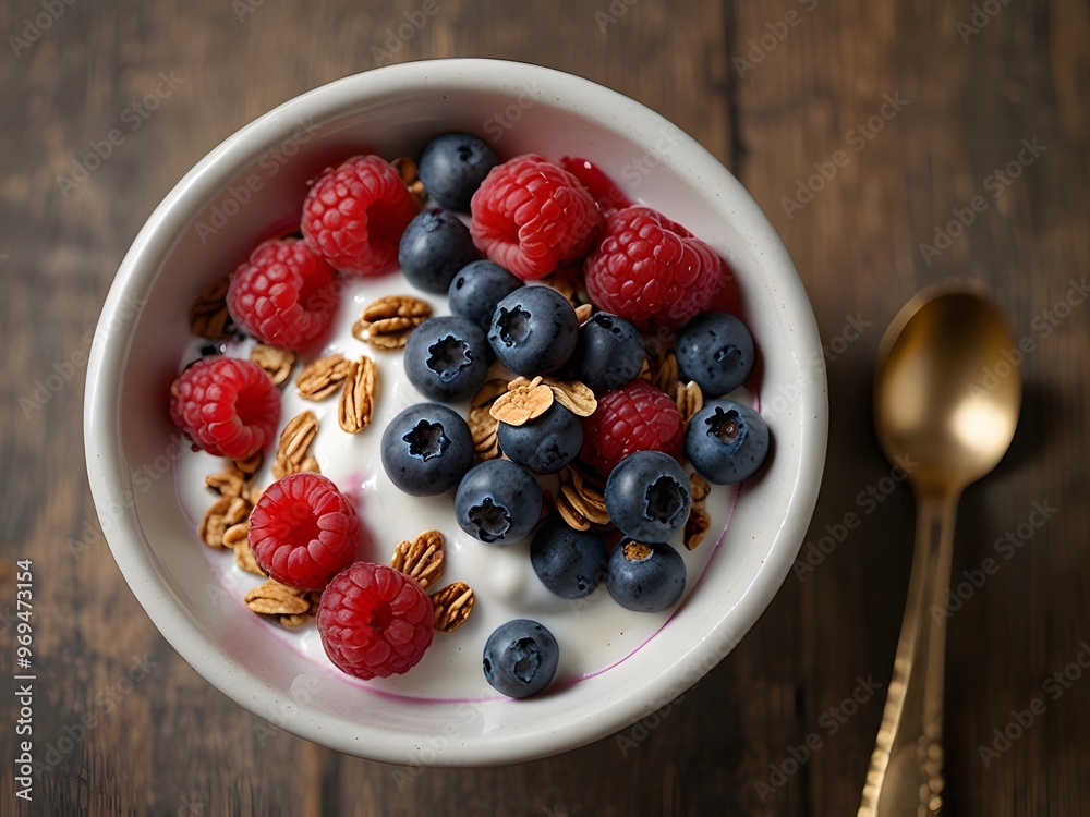 Yogurt with Berries and Granola in Bowl Top View Yogurt with Berries and Granola in Bowl Top View