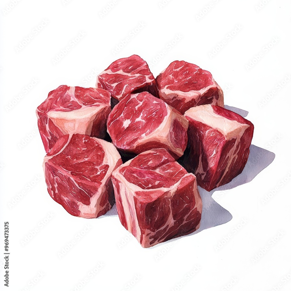 Beef Cubes Watercolor, diced pieces, bright reds and pinks, isolated on white, fine detail, clean and modern presentation, light shadows, strong highlights Beef Cubes Watercolor, diced pieces, bright reds and pinks, isolated on white, fine detail, clean and modern presentation, light shadows, strong highlights
