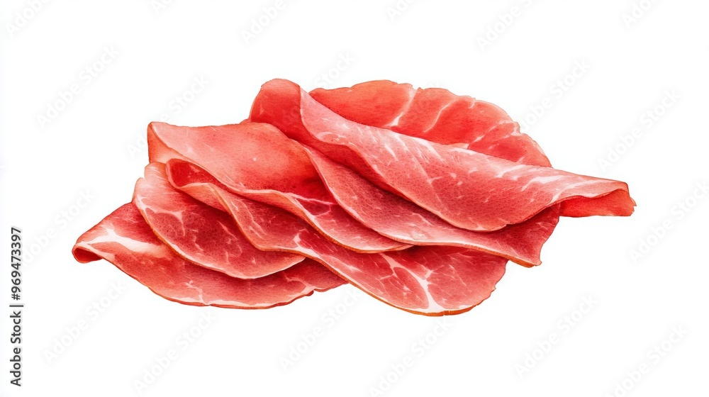 Beef Carpaccio Watercolor, delicate slices, fine texture, white background, soft red hues, thin brush strokes, detailed marbling, gentle highlights, clarity in composition Beef Carpaccio Watercolor, delicate slices, fine texture, white background, soft red hues, thin brush strokes, detailed marbling, gentle highlights, clarity in composition