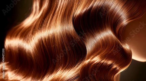 glamorous hairstyle with silky, smooth waves reflecting a warm, golden light, highlighting the rich auburn color and sleek texture photo