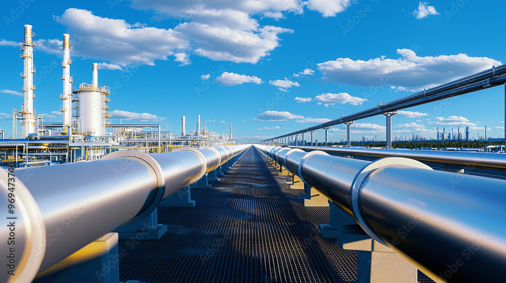 a fuel pipeline stretching into the distance, with a refinery visible in the background a fuel pipeline stretching into the distance, with a refinery visible in the background