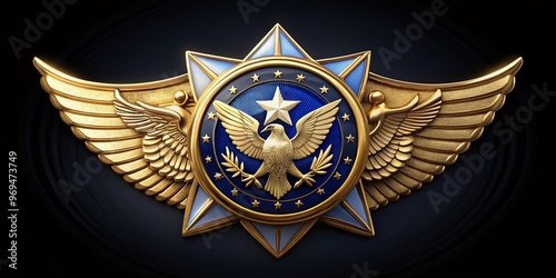 Golden badge with blue and white colors, featuring a stylized eagle and stars, symbolizing law enforcement and