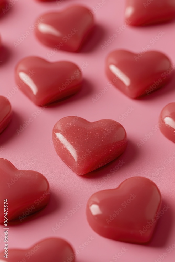 Fototapeta premium Red Hearts on Pink Surface