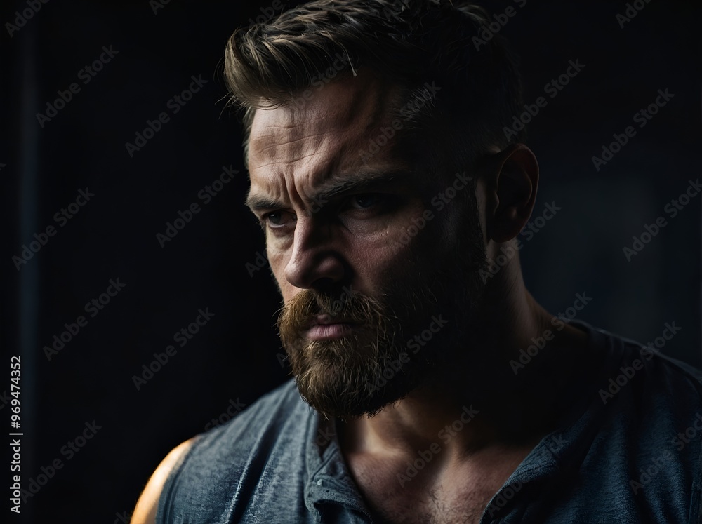 A rugged man with a beard and intense expression captures attention, dressed in a sleeveless shirt, embodying strength and resilience in a dramatic light. A rugged man with a beard and intense expression captures attention, dressed in a sleeveless shirt, embodying strength and resilience in a dramatic light.