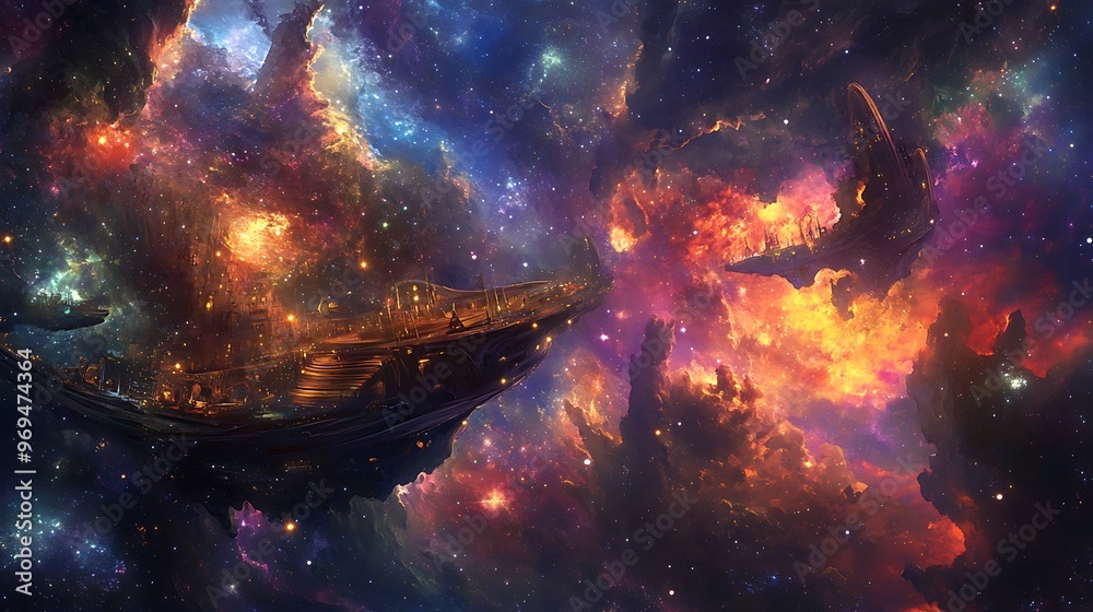 Naklejka premium Celestial Artistry - Floating Gallery in Space with Stars and Nebulae