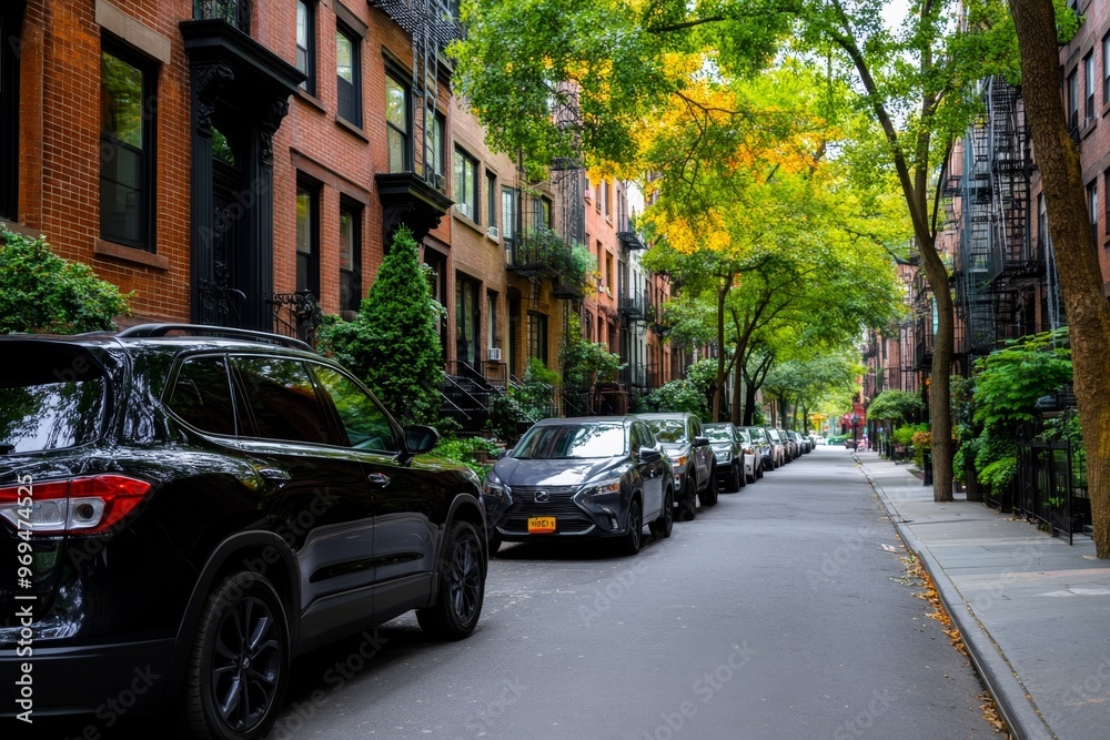 Manhattan Greenwich Village, with its charming brownstones, tree-lined streets, and artistic culture, captured in a quiet moment Manhattan Greenwich Village, with its charming brownstones, tree-lined streets, and artistic culture, captured in a quiet moment
