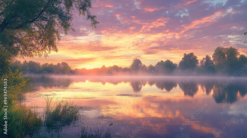 Fototapeta premium A beautiful sunrise sky over a calm lake, with the first light of day reflecting on the water's surface.