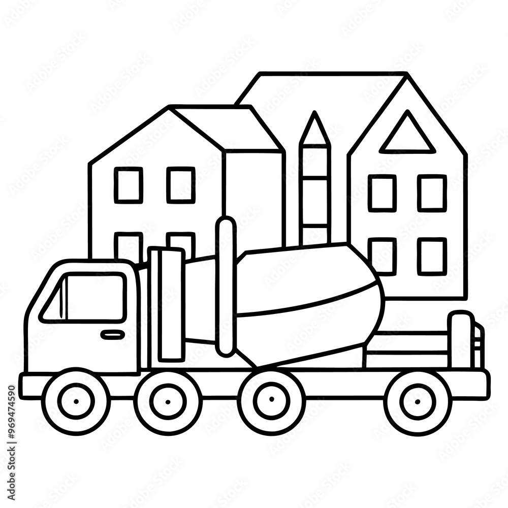 mixer truck with building outline coloring book page line art drawing mixer truck with building outline coloring book page line art drawing