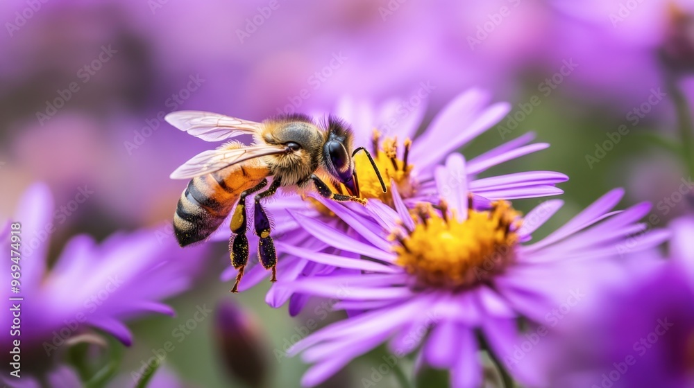 A bee collecting pollen from a vibrant purple flower in a natural garden setting. A bee collecting pollen from a vibrant purple flower in a natural garden setting.