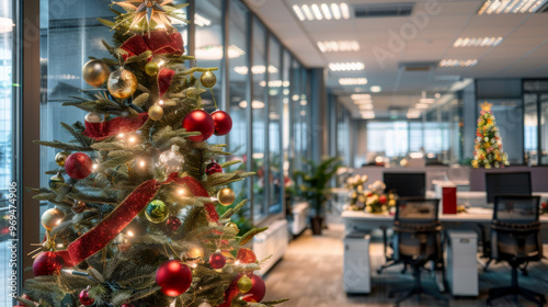 Business Christmas Tree Decoration in Office Environment. photo